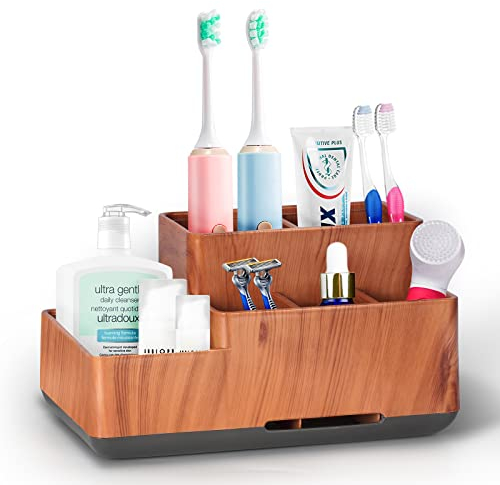 Toothbrush Holder, Bathroom Organizer Countertop, 5 Compartments Multifunctional Storage for Cosmetic, Makeup, Office Stationery Pencil, Toothpaste, Toothbrush for Home, Office(wood grain)