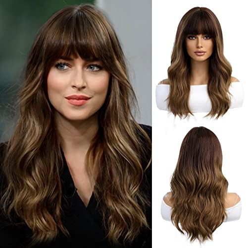 OUFEI 20 Zoll Lange Natur Lockig Ombre Braun Perücken Damen Natürliche Synthetische Haare hitzebeständig täglich Party Cosplay tragen