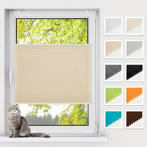 BelleMax Plissee ohne Bohren Klemmfix, Creme 110x120cm(BxH), Easyfix lichtdurchlässig Sichtschutz und Sonnenschutz, Jalousie Plisseerollo mit Klemmträger, Faltrollo für Fenster & Tür