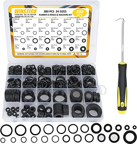 380 Pièces Rondelles en Caoutchouc, 8 Tailles de Rondelles de Robinet en Caoutchouc et Silicone et 16 Tailles de Kits de Joints Toriques avec 1 Crochet, pour Robinet, Tuyau de Douche, Plomberie