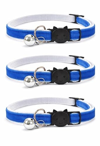 Velvet Cat Collars with Bell. Safe Breakaway Quick Release Buckle. Available in Cat & Kitten Size (Pack of 3) (Cat Collar (20cm - 30cm), Blue Velvet (Pack of 3))