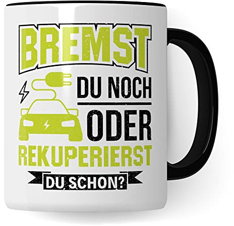 Elektroauto Tasse Geschenkidee Kaffeetasse Humor Witz Geschenk für E-Auto Fahrer Kaffeebecher Rekupertion Becher (Weiß & Schwarz)
