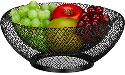 Relaxdays Frutero Metálico, Cesta Redonda, Doble Pared, 10 x 25 cm, Bol de Rejilla para Fruta y Verdura, Negro, Hierro