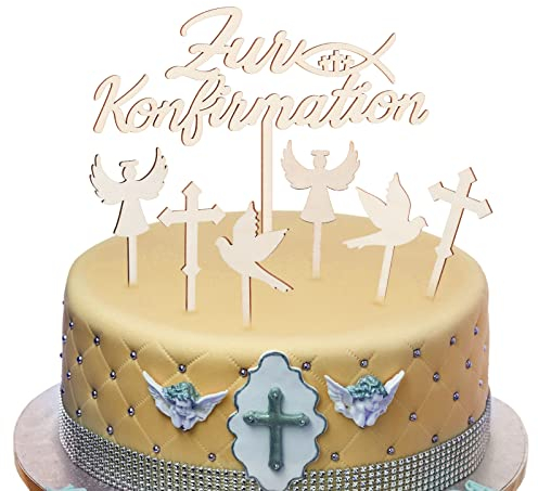 Queekay 7 Stück Tortendeko Konfirmation Holz Topper Taube Kreuz Engel Konfirmation Tortenstecker Taufe tortenaufleger Cupcake Kuchen Dekoration für Konfirmation Mädchen Junge Gastgeschenke