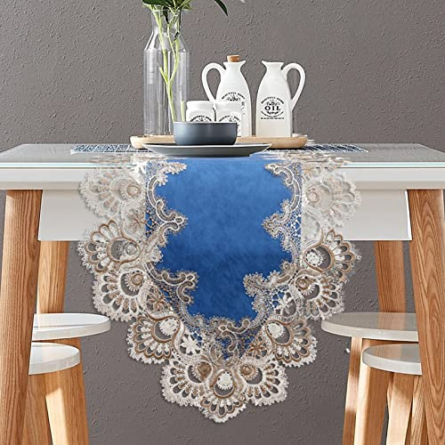 Vintage Spitzen Tischläufer, kleine Makramee Couchtischläufer TV-Schrankabdeckung Stoff für Küche Zuhause Weihnachtsfeier Dekorationen (16 x 120 cm, Blau)