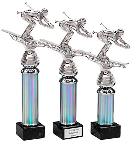 eberin · Wintersport Pokal · Ski-Pokal · Ski Alpin Abfahrt · Skifahrer auf Silbersäule/Marmor schwarz · Auszeichnung · Pokal · in 3 Größen erhältlich · mit oder ohne Gravur · (24,4 cm)