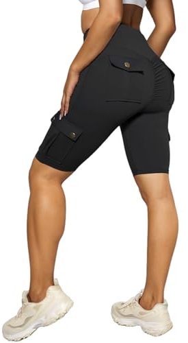 Nuofengkudu Kurze Sporthose Damen Booty Scrunch High Waist 4 Tasche Knielang Sport Cargo Sommer Bermuda Shorts Radlerhose Leggings Kurz Sportleggings Hose Sporthose Wandershorts Schwarz M