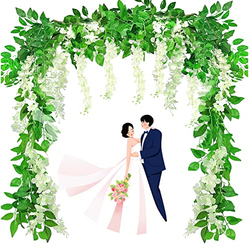 JINXIAN 2 Stück Künstliche Wisteria Girlande 220cm Künstliche Glyzinien Blumen Künstliche Blume Girlande Wisteria Hängende Blumen Pflanze Gefälschte für Hochzeit Party Garten Dekor (Weiß)