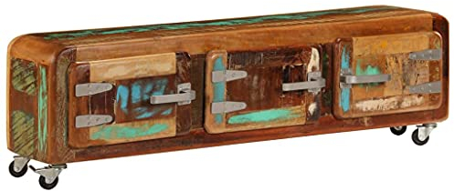 Retro-Stil TV-Lowboard TV Schrank Fernsehschrank Fernsehtisch mit 4 Rädern, TV Schrank TV Tisch TV Board mit 3 Türen, 120x30x37 cm Altholz Massiv