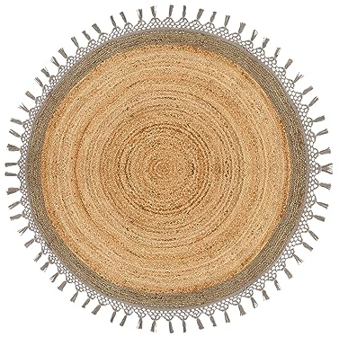 Rustikale Boho Teppich Rund 140 cm Natürliche Jute Handgeflochten Beige und Grau Marts
