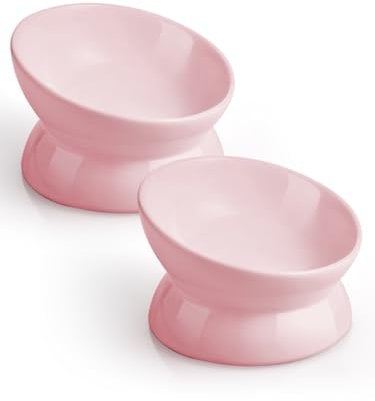 LoeJan Elevated Cat Food Bowl, 5 Oz Ceramic Raised and Tilted Pet Water Bowl, Anti Vomiting and Protect Pets' Spines Cat Dishes for Small Dog, Fat Faced Cat, Kitten (Pink, 2 Pack)