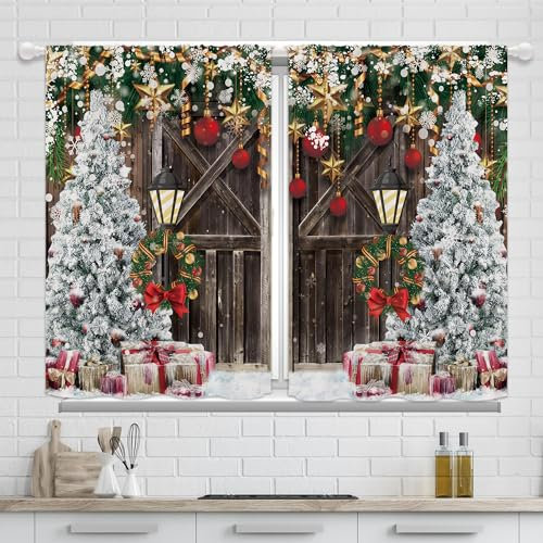 Yorida Merry Christmas Tende da cucina rustiche marroni per porta del fienile tende da cucina invernali corte natalizie per caffè tende per finestre in fattoria fiocco di neve per bagno tende per