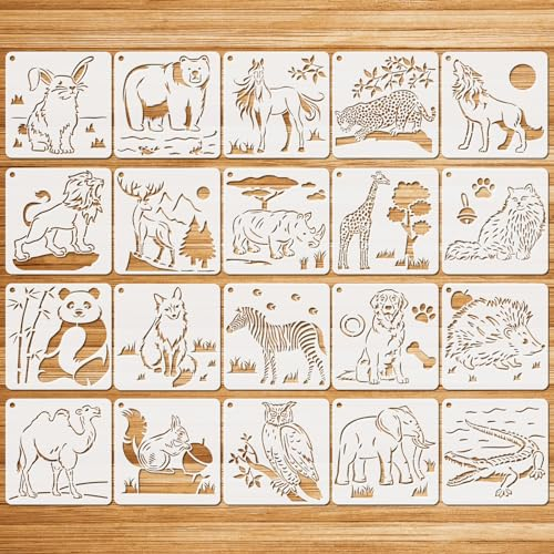 JSRQT 20 Blatt Schablonen Malen Tiere, Tiere Schablonen Stencils Set, Wiederverwendbare Cartoon Tier Schablonen Löwe Elefant Hund Fuchs Panda Stencils Malerei auf Holz, Stoff Wand Home Decor(6 Inch)