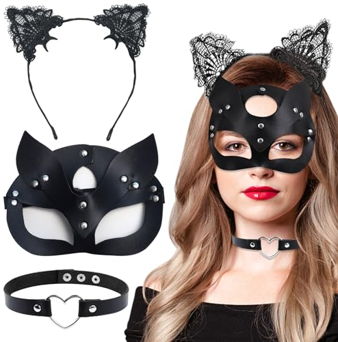 JOKILY Maske Damen, Cat Women Mask Glänzend, 3 Pcs Kostüm Damen, Schwarze PU Leder Katzenmaske für Fasching Karneval Maskerade Fasching Party Nachtclub