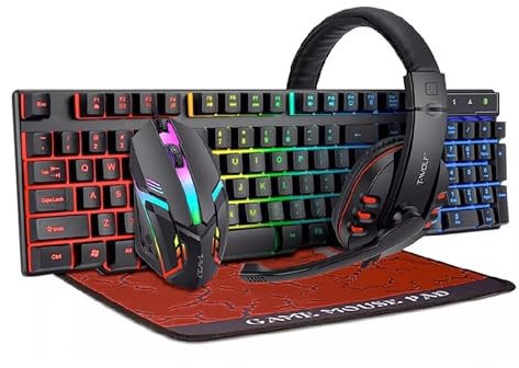 Pack Completo 4x1 Gaming: Teclado QWERTY, Ratón, Auriculares y Alfombrilla para Ordenador PC