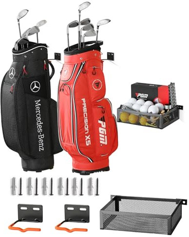 Rackgolfic Golf Bag Organizer Garage- Wall Mount Golf Bag Storage Rack, Golf Bag Holder for Garage, Heavy Duty Hanger and Basket Holds 2 Golf Bags, Golf Balls and Other Golf Equipment and Accessories