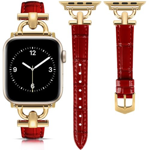 mxiixnai Leather Strap Compatible with Apple Watch Straps 44mm 45mm 49mm 46mm 42mm Women, Slim Thin Leather Replacement Strap for iWatch Bands Series 10 9 8 7 6 5 4 3 2 1 SE Ultra 2,Red/Gold