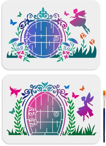 MAYJOYDIY 2pcs Fairy Door Stencils, 29.7×21cm, Dreamy Butterfly, Mushroom, Flower & Grass Reusable Drawing Template for Wall, Furniture, Wood, Canvas & Home Decor Art Crafts