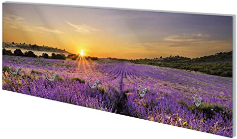Wallario Wandgarderobe aus Glas in Größe 80 x 30 cm mit Memoboard-Funktion, Motiv: Sonnenuntergang über dem Lavendel | 5 Kleiderhaken zum Aufhängen von Jacken