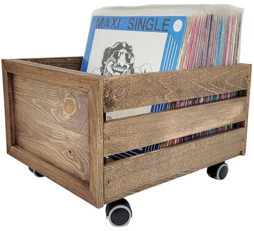 weeco Holzkiste mit Rollen Vinyl schallplatten aufbewahrung, Organizer aufbewahrungsbehälter, Holzkiste zur Aufbewahrung von Retro-LP-Alben. Holz Schallplatten Kiste mit Rädern. LPs Vinyl