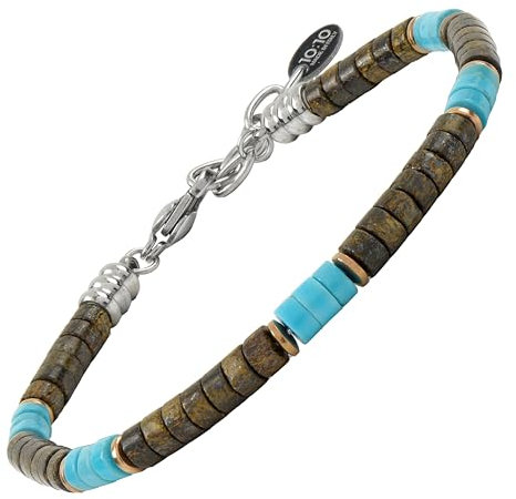 10:10 Herren-Armband mit natürlichen Halbedelsteinen und Unterlegscheiben, 4 mm, Edelstahl, verstellbar, hergestellt in Italien, Regolabile, Bronzit und Türkis
