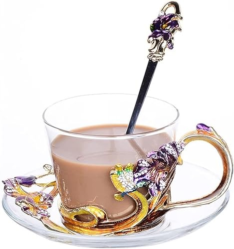 GaRcan Set di tazze da caffè smaltate con cucchiaio e piattino Set da tè pomeridiano per uso domestico in stile europeo, tazza di vetro, tazza d'acqua