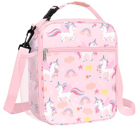 Clastyle Sac Isotherme Repas Enfant Princesse Petit Lunch Box Portable Sac Dejeuner Filles pour L'école,Licorne Rose Arc-en-ciel