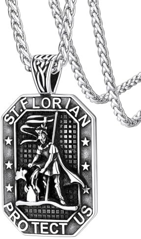 FaithHeart Heiliger Florian Halskette für Herren Männer, Edelstahl Dog Tag Anhänger Halskette 22cm lang，Punk feuerwehr kette für Freunden Ehemann Papa