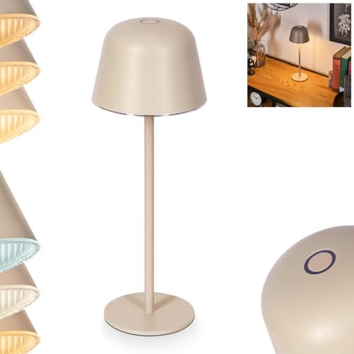 LED Tischleuchte Alsen, dimmbare Tischlampe aus Metall/Kunststoff in Beige/Weiß, Tischleuchte m. Touchdimmer, USB-C Anschluß, Akku, 2,5 Watt, 280 Lumen, 2700-6500 Kelvin, für Innen und Außen, IP54