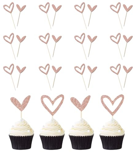RDNKVB 24 Pezzi Toppers Cupcake Glitter Oro Rosa, Design Carino, Amore, per Matrimonio, Anniversario Nuziale, Baby Shower, Decorazioni per Feste, Forniture (Roségold)