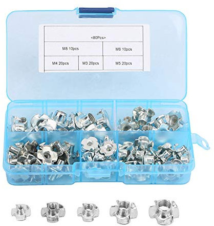 ANKROYU 80PCS T Nut, Zinc Plated Carbon Steel Four Pronged T Nut Set, Rust Protect Wood T Nut, Captive T Nut for Cabinets Climbing Wall Wood Sofas