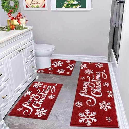 Enyhom Frohe Weihnachten Badezimmerteppich Set 3 Teilig，Mikrofaser Absorbent Badematten und Toilettenmatte Flauschiger Schnee Badvorleger rutschfest Waschbar WC Teppich Set