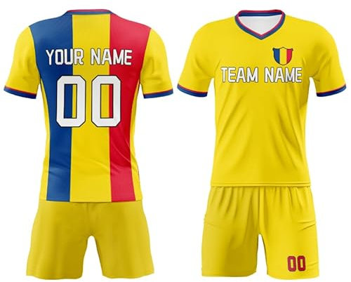 Rumänien-Fußball-Set für Kinder, Jungen, Länderabzeichen, T-Shirt, Sport, lässig, Herren, kurzärmelig, runder V-Ausschnitt, Hemden und Shorts, individuelle Teamnamennummer, Trikot-Trainingsanzug,