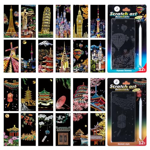 SiYear Lesezeichen zum Kratzen, Regenbogenmalerei, Kunstpapier, für Erwachsene und Kinder, kreatives Geschenk mit 4 Werkzeugen, 15,7 x 7,1 cm, 24 Stück