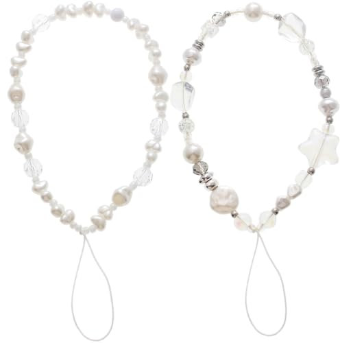 2 piezas Cordón para Móvil de Cuentas Blancas Largas,Colgante de Mano con Perlas,Pulsera para Móvil Anti-pérdida, Cadena de Teléfono Celular Estilo Kawaii,Accesorios de Teléfono para Mujeres y Niñas