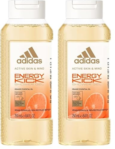 Adidas - Active Skin & Mind - Gel Douche Energy Kick Femme - Clean & Vegan et Flacon recyclé - 250 ML (Lot de 2)