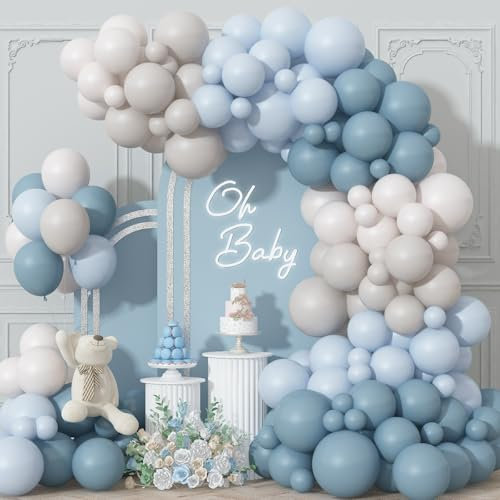 Luftballons Girlande Dusty Blau, Haze Blau Hell Blau Sand Weiße Ballon Bogen Kit, Retro Blau Beige Luftballons für Babyparty Gender Reveal Geburtstag Verlobung Hochzeit Braut Party Dekoration