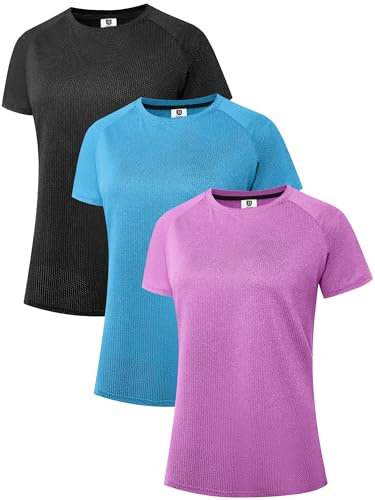 Women's Workout Running T-Shirts, Dry Fit Short Sleeve Shirts, Moisture Wicking Athletic Tee, Sports Gym Yoga Tops Black/Blue-Green/Purple-Red 3P03-M