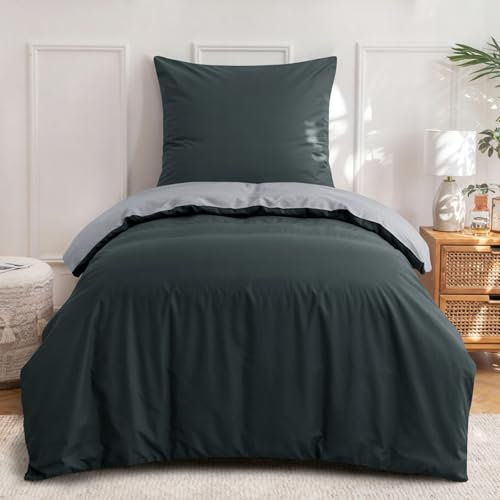 Aisbo Bettwäsche 155x220 Baumwolle Anthrazit Grau - Bettwäsche-Sets 155 x 220 cm Wendebettwäsche mit Kissenbezug 80x80 cm, Oeko-TEX Zweifarbiger Baumwollbettwäsche mit Reißverschluss