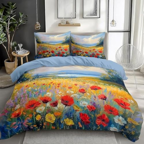 YZQGLHP Bettwäsche 135x200 Mohn Bettbezug Malerei Bettwäsche Set Mohn Bettbezüge und 2 Kissenbezug 80x80 cm, Weich Mikrofaser 3 Teilig Set mit Reißverschluss