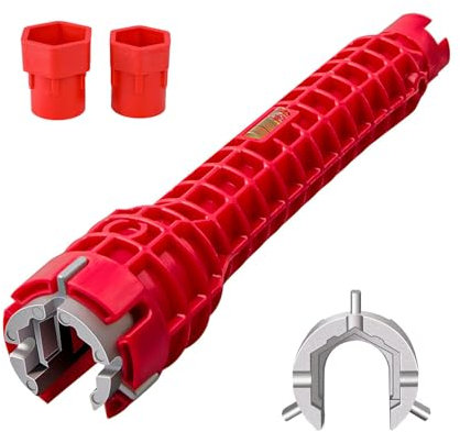 1 Set Faucet Wrench Tool,8 in 1 Sink Spanner Tool with Red ABS Plastic Shell Anti Slip Rectangular Pattern,Multifunctional Sink Wrench,Practical Tap Wrench Tool,for Toilet Bowl,Kitchen Plumbing