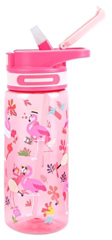 Queenshin Botella Agua Niños con Pajita,Sin BPA,650ML Flamenco Rosa Sin Fugas,Robusta y Duradera,Abre La Tapa Con Un Clic,Portátil Para La Escuela, Deportes, Viajes