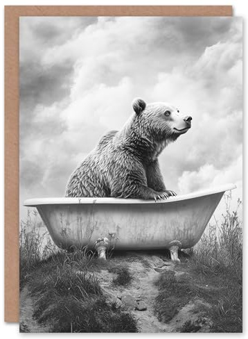 Artery8 Greeting Card Bear Bath in Mountain Bathtub Black White Surreal Blank For Him Or Her Art Birthday Card
