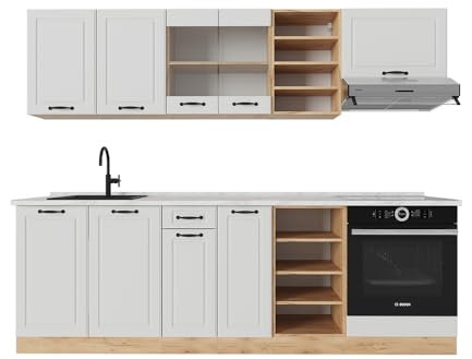 Vicco Küchenzeile R-Line, Weiß Landhaus/Goldkraft Eiche, 240 cm, AP Marmor