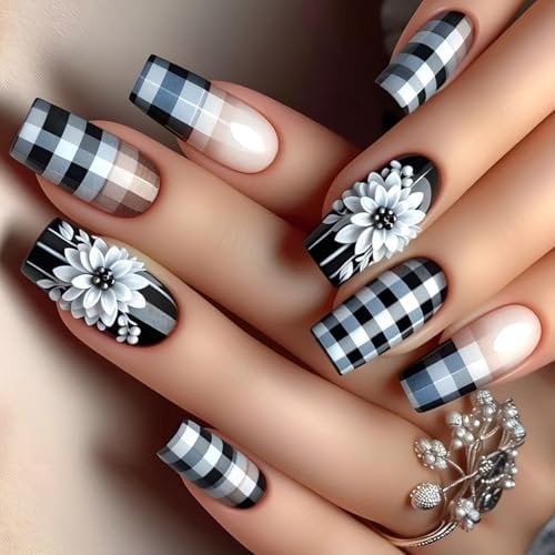 24 Pcs Medium Square False Nails | French Tip White Floral Checkerboard Design | Gel Effect Press On Nails for Women | Reusable Stick On Nails for Wedding Party Everyday Use (Medium Length)