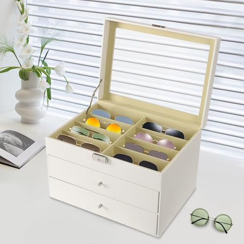 Apriltop 34 * 25 * 19Cm Vitrine für Brillen, 3 Etagen Sonnenbrillen Organizer Schublade, Weiß Schmuck Organisator, mit Stabilem Schloss und Schlüssel