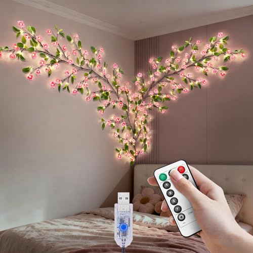 Cherry Blossom Lights with Green Leaf,48 LED Pink Flower Fairy Vine Lights for Bedroom,3.95Ft 8 Modes Twinkling Tree Branch Light with Remote,Timer,Blossom Garlands for Wall Room Christmas Decoration