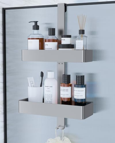 Kitsure Duschregal ohne Bohren - 2-stöckiges Duschablage, rostfrei & vielseitig Duschablage ohne Bohren, praktisches Duschregal für Shampoo, Handtuch & Abzieher, 29,1 x 11,2 x 5,1cm, Silber