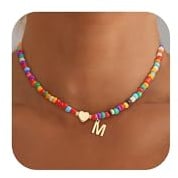 SLOONG Bunte Perlenkette für Frauen Mädchen - Herz Kette Mit Buchstaben | Handgefertigt Boho Perlen Buchstaben Kette Personalisierte Schmuck Geburtstagsgeschenk Geschenke für Damen Kinder Teenager