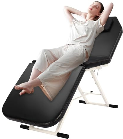 DHQCQL Massage Bed Massage Table, 3 Section Foldable Beauty Bed with Pillow, Salon Recliner Tattoo Beds Couch SPA Chair for Beauty Salons, Homes (Black)